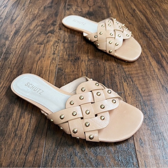 SCHUTZ • Betisa Slide Sandal nude leather Honey Beige studded flat - Picture 1 of 9